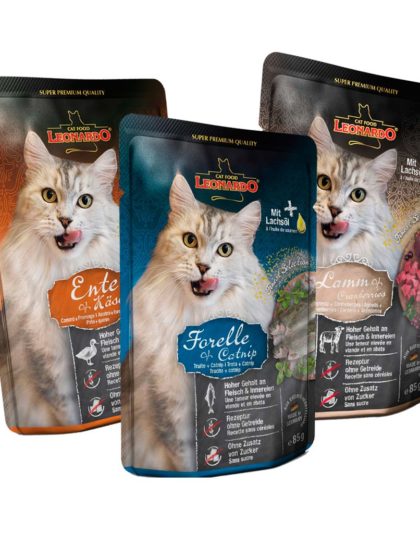 Pouch Leonardo 85 gr Cordero Arandano - Pato Queso - Trucha Catnip