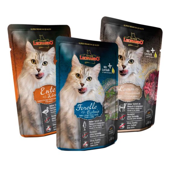 Pouch Leonardo 85 gr Cordero Arandano - Pato Queso - Trucha Catnip